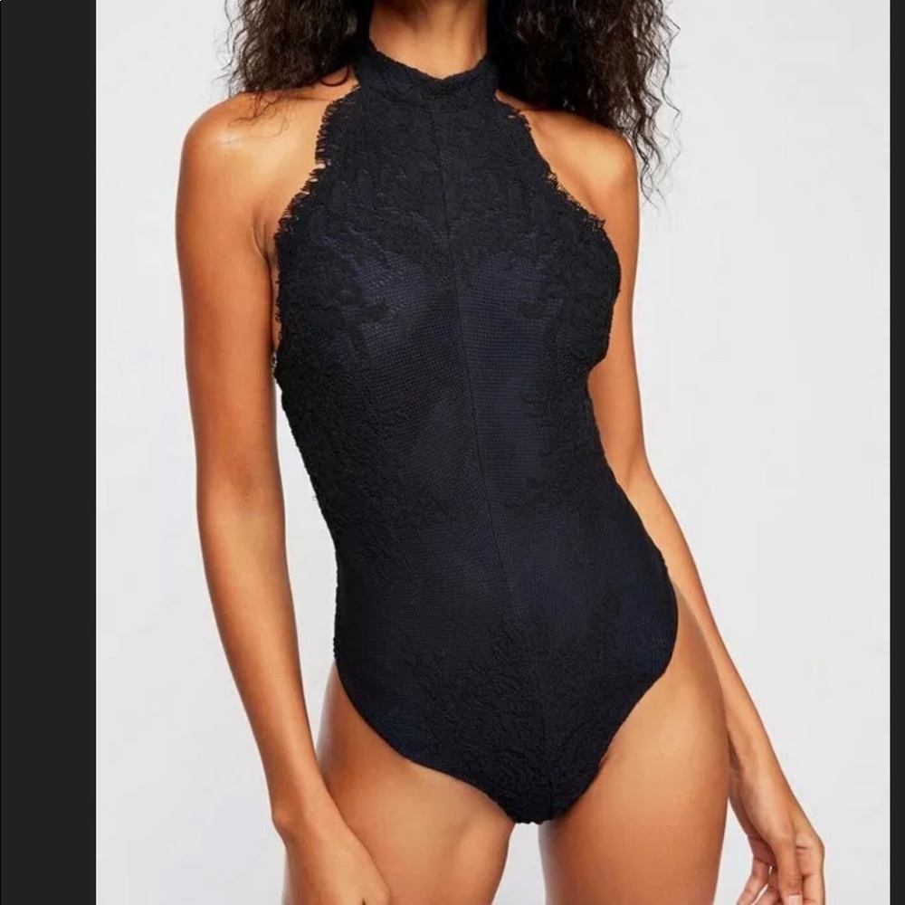 Free People Black Lace Semi Halter Miley Bodysuit